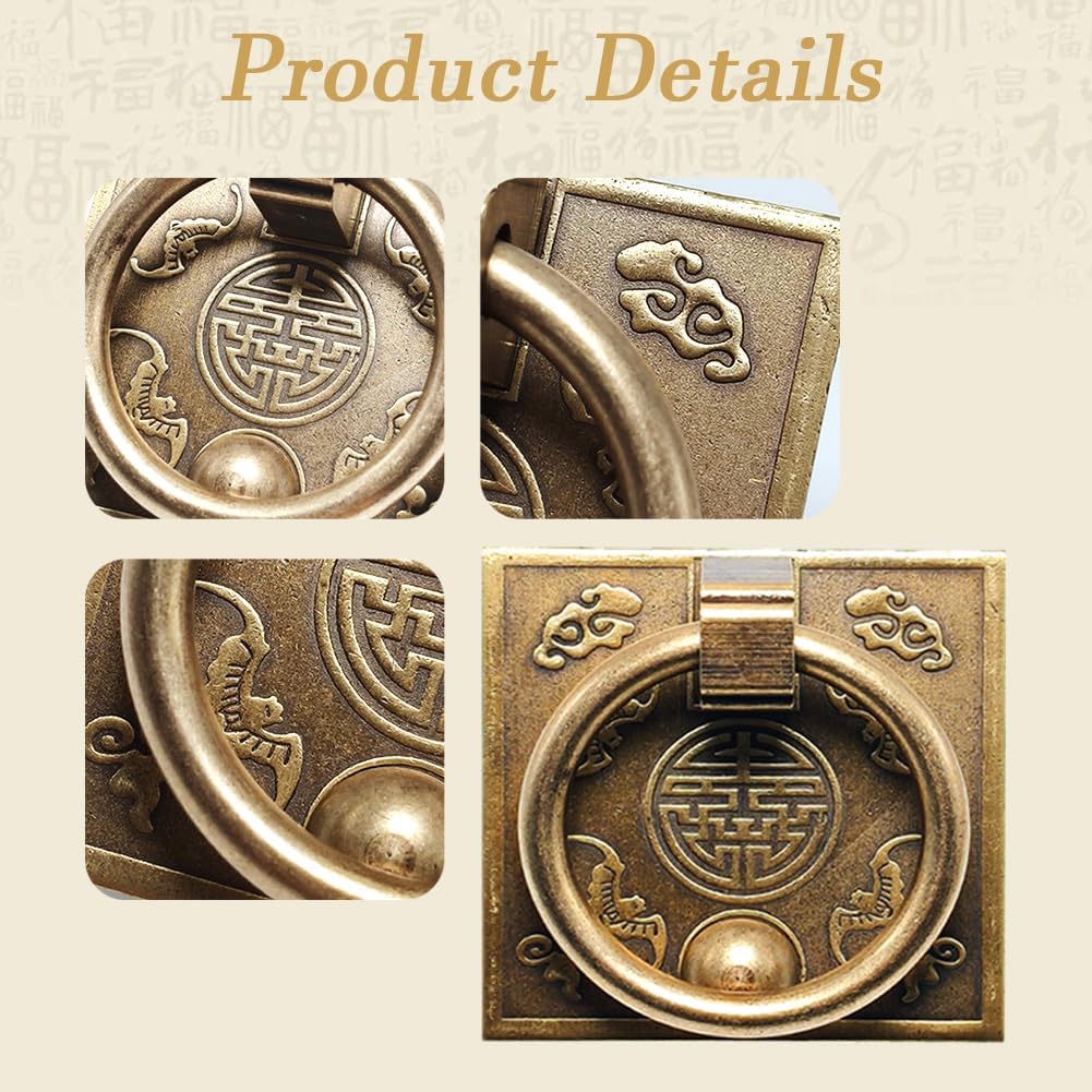 2PCS Antique Brass Drawer Pulls, Vintage Ring Handles for Kitchen Cabinets, Wardrobe, Dresser - Solid Copper Knobs, Decorative Rustic Cabinet Hardware (Small)