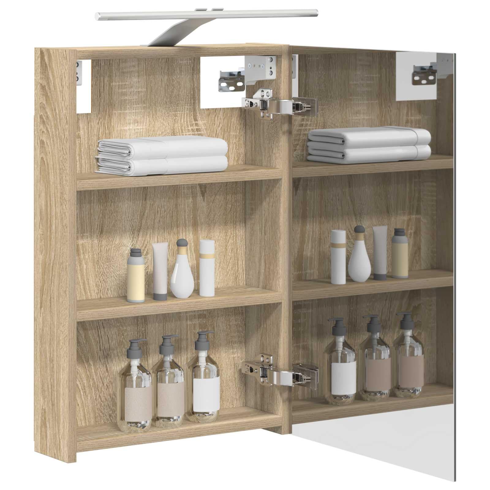 Szafka łazienkowa z lustrem Sonoma dąb z paskami LED 40 x 10,5 x 60,5 cm, materiał drewnopochodny, montaż na ścianie, dwukierunkowe lustro, 2 półki, miejsce do przechowywania mebli