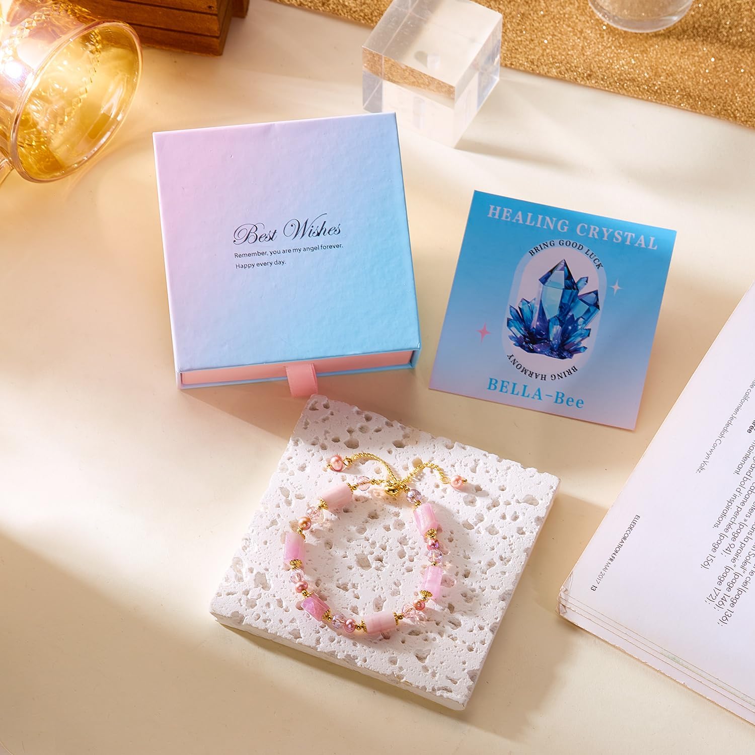 BELLA-Bee Healing Crystal Bracelets for Women Adjustable Rainbow Crystals Amethyst Tourmaline Natural Stone Beaded Bracelets for Women Spiritual Jewelry for Wishes, Protection and Anxiety Relief with Meaning Card - Image 7