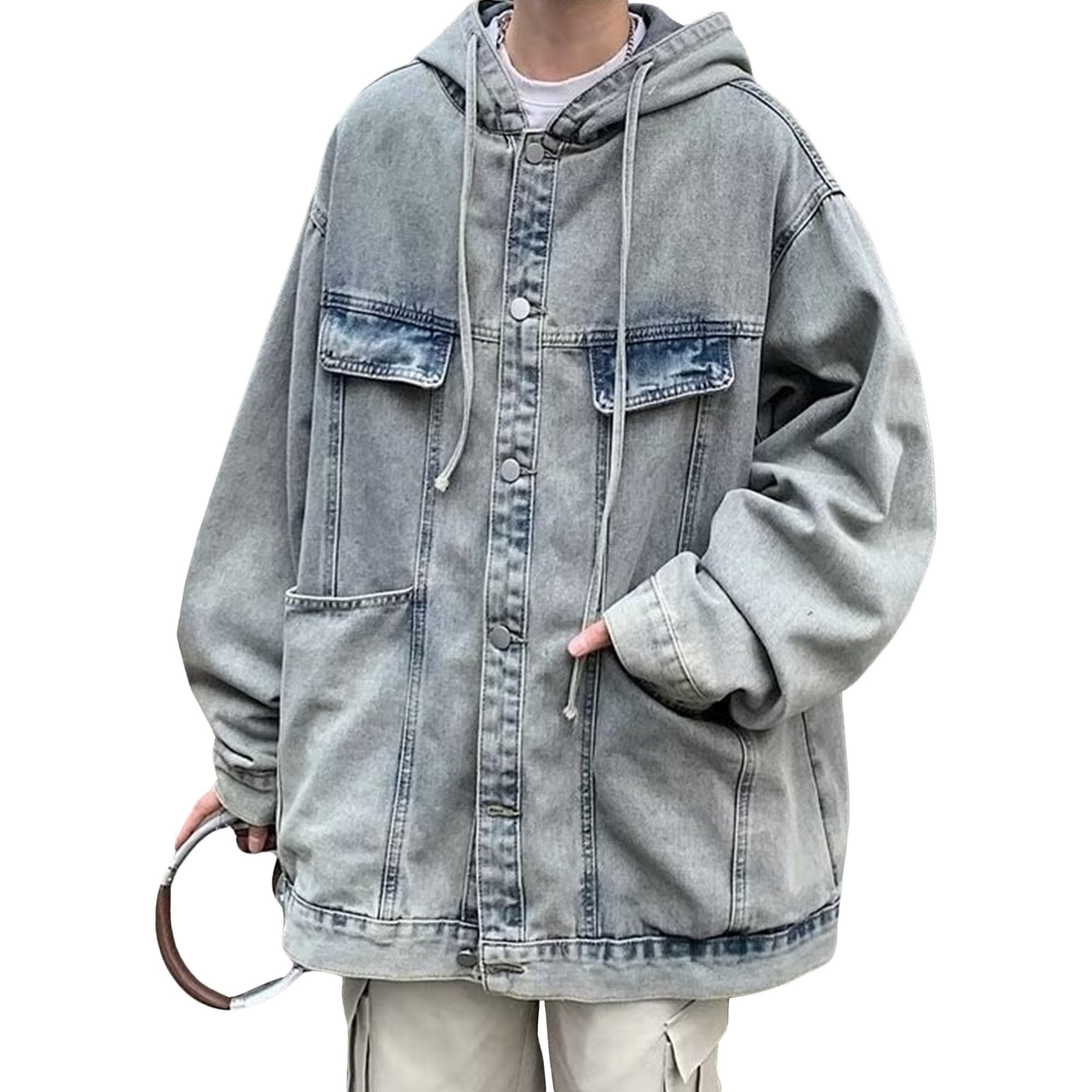 Men's Trucker Coat Denim Jacket with Hood Slim Fit Jean Jacket Casual Long Sleeve Distressed Trucker Outwear