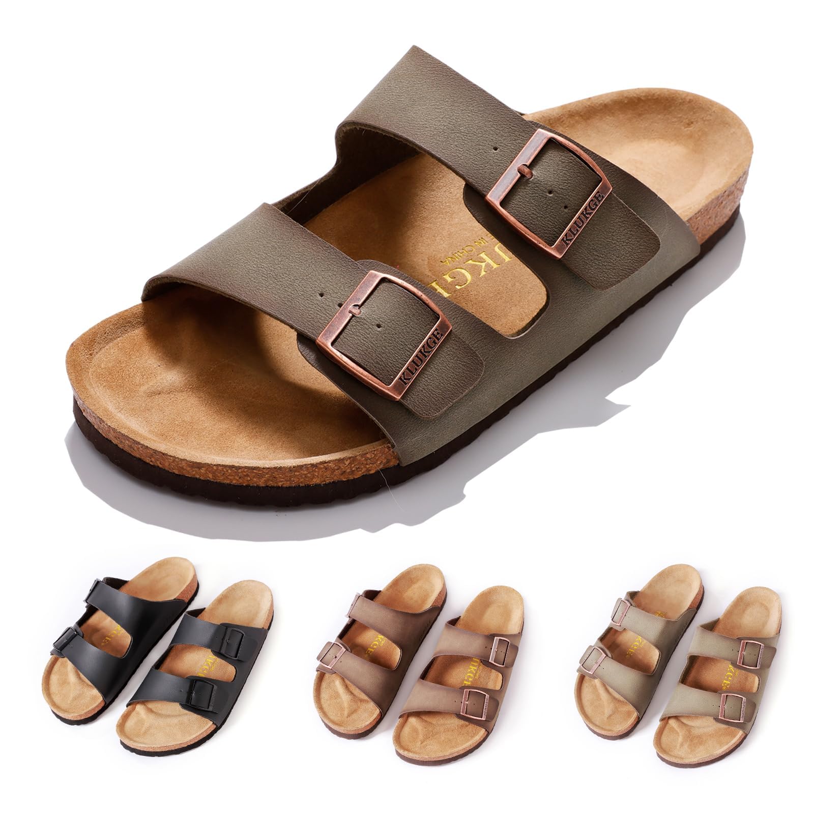 KLUKGE Mens Cork Sandals,Adjustable Buckle Leather NonSlip Slippers