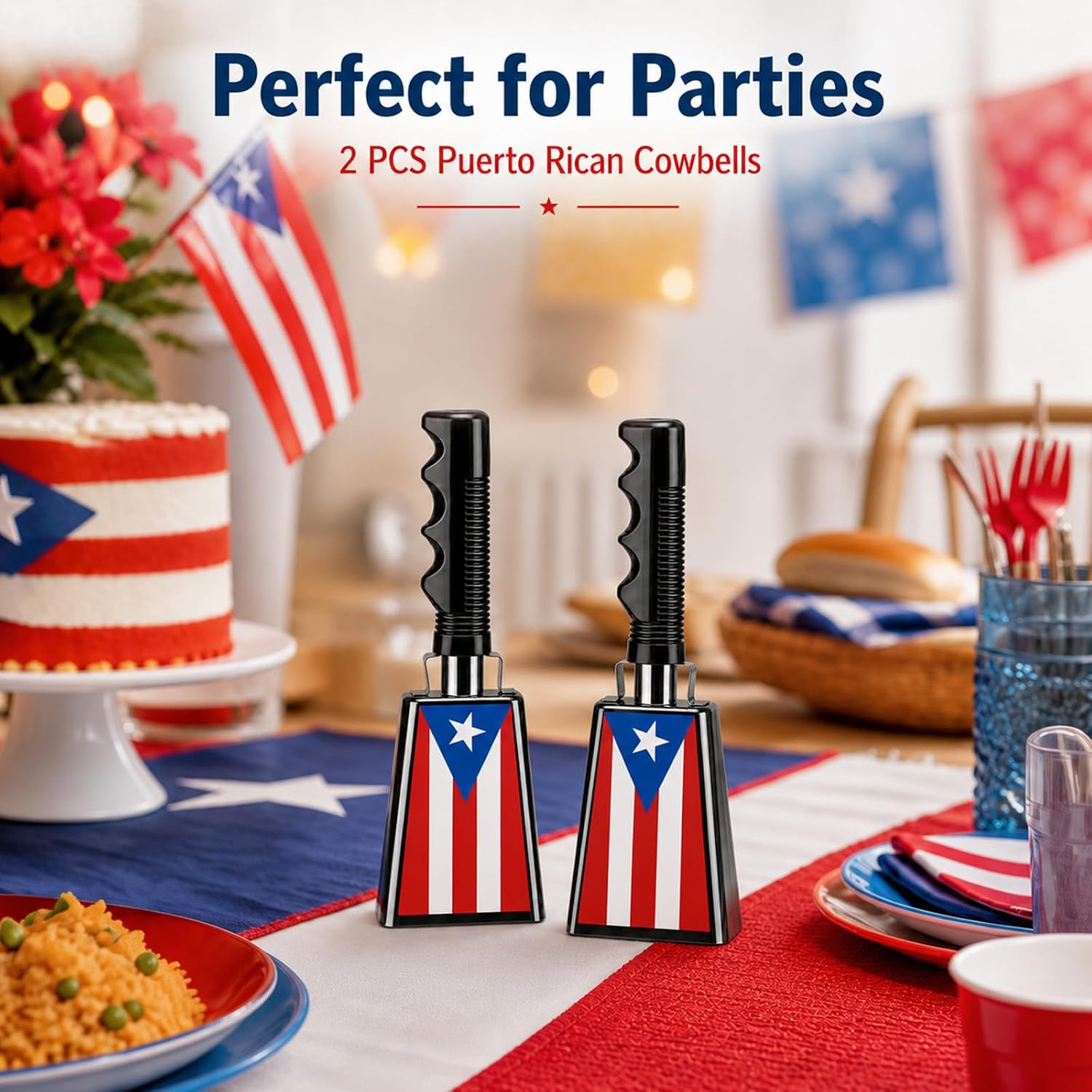 2Pcs 9 Inch Puerto Rico Flag Cow Bell with Handle Noise Makers Cowbells for Sporting Events Loud Cheering Bell Hand Percussion Musical Instrument for Football Games Puerto Rican Party Chimes Decor