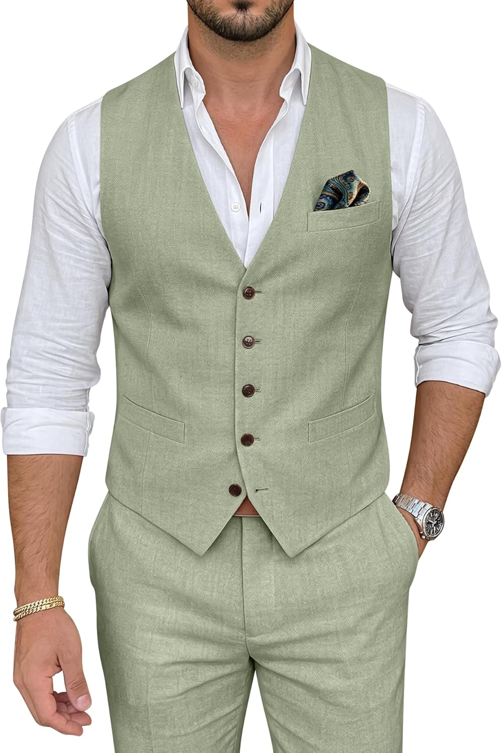 Men's Casual Linen Suit Set 2 Piece Slim Fit Wedding Suits Prom Groomsmen Suit Tuxedos Beach Suits Vest Pants