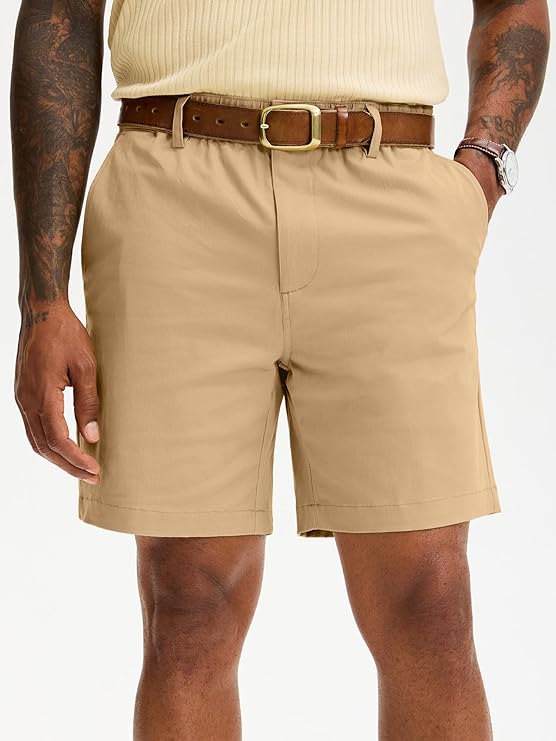 Comdecevis Men's 7 Inch Cotton Elastic Waist Khaki Shorts