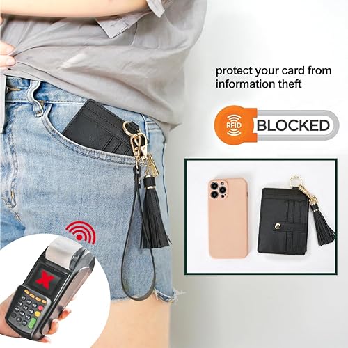 Miniatura 3 de Cartera con llavero de pulsera, cartera de cuero con correa de pulsera, bolsillo delgado RFID para tarjetas de crédito con cordón, Crema, Tarjetero