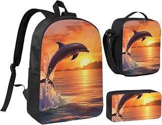 Sunset Dolphin Backpack with Lunch Bag Coin Pouch Set | 17 Inch Laptop Backpack Set 3 Pcs, Lightweight Daypack Personalized Pattern, Water Resistant Insulated Lunch Tote Gift