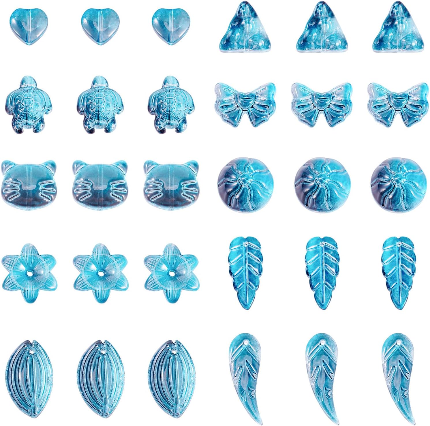 64Pcs Transparent Glass Beads Mixed Shapes Crystal Leaf Flower Bow Heart Glass Loose Spacer Beads for DIY Women Friendship Bracelet Earring Keychain Jewelry Making, Dark Turquoise