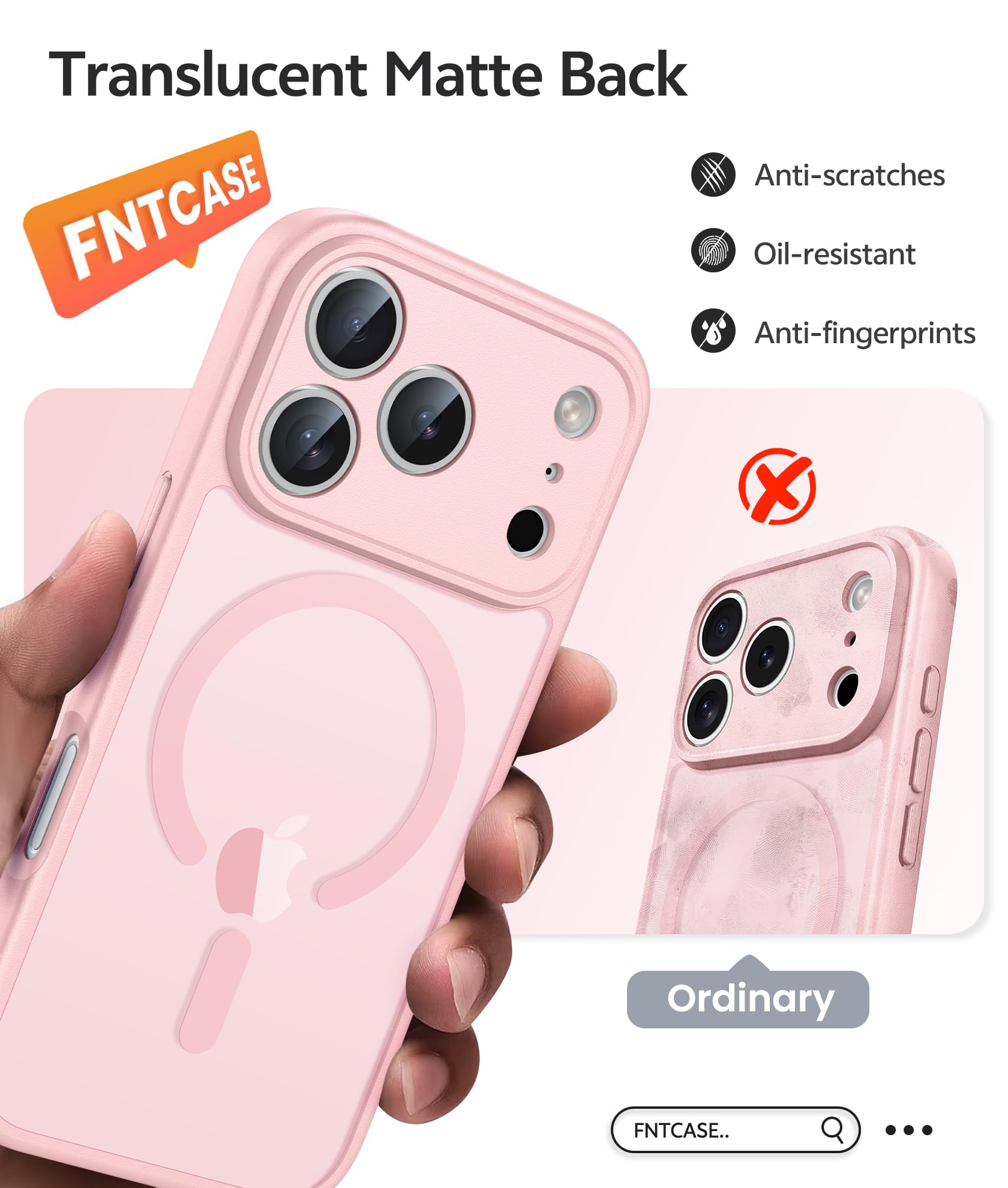 FNTCASE for iPhone 17 Pro Case: [Compatible with Magsafe] Translucent Matte Cases with [Full Camera Protection] [Screen Protector] Military Grade Shockproof Protective Phone Cover - Light Pink — view 6