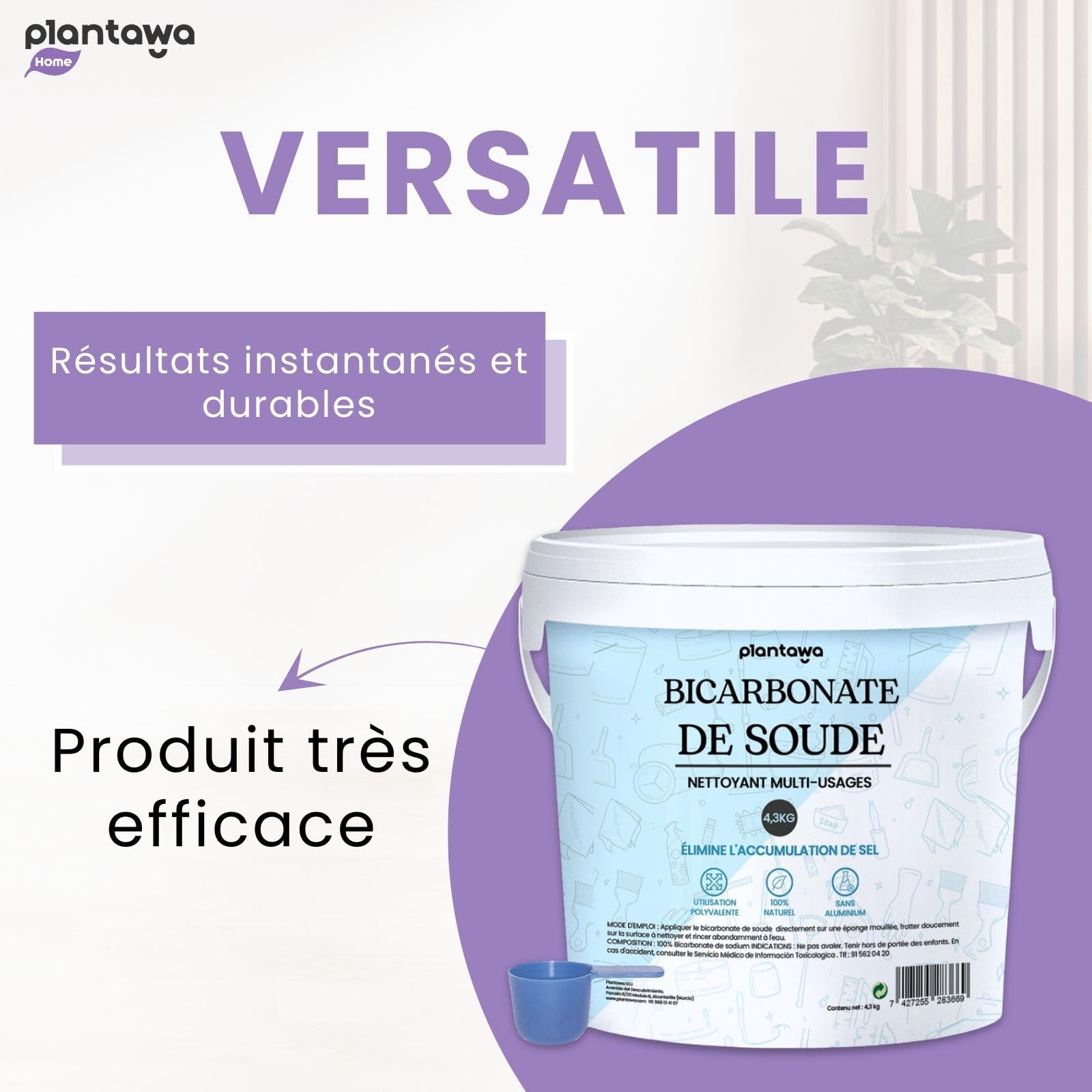 PLANTAWA Bicarbonate de Soude Ménager 4,3kg | Bicarbonate de Soude Multi-Usages | Détachant, Blanchissant et Élimine Odeurs et Graisse | Origine Naturelle et Pure