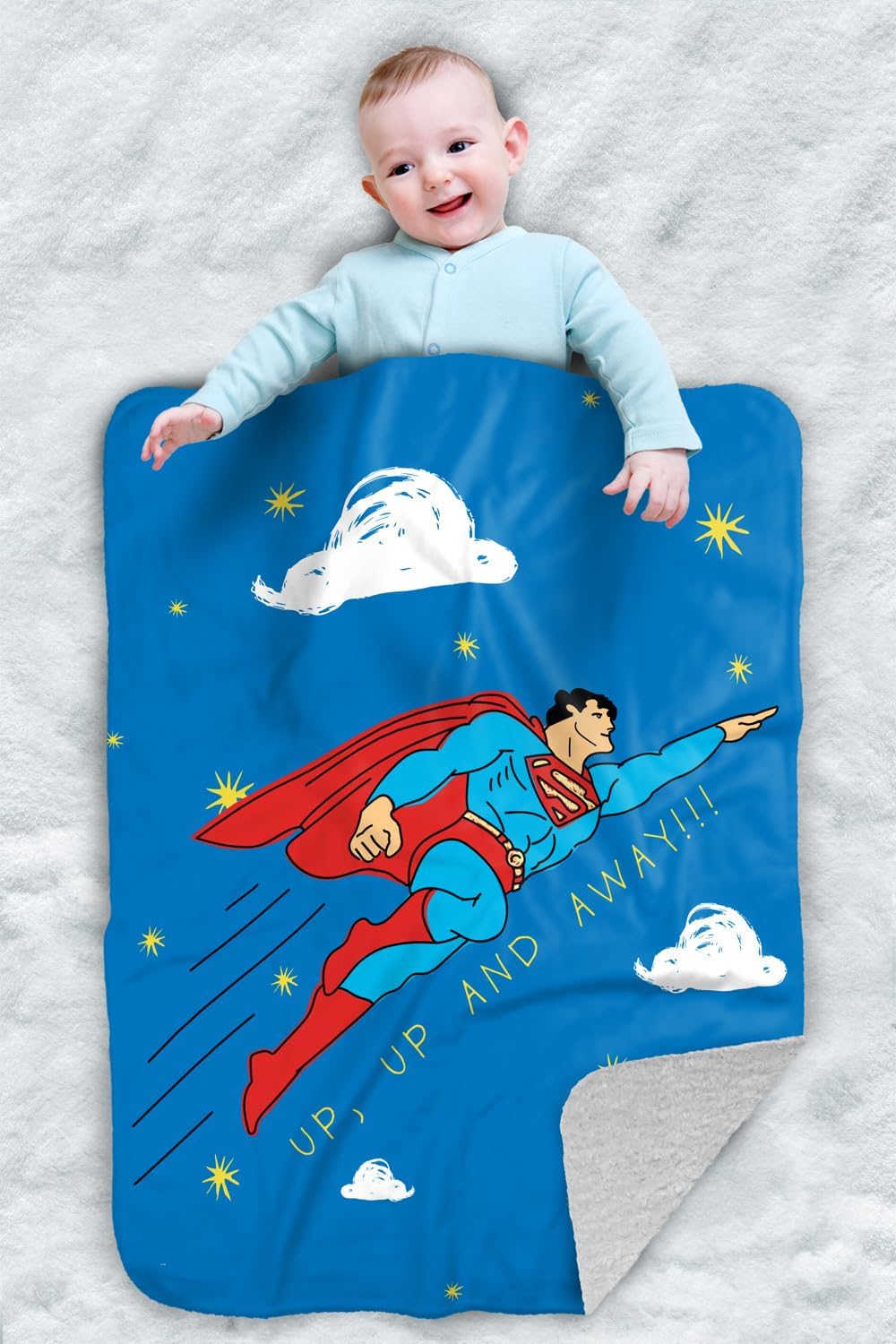 Superman Up Up and Away Sherpa Baby Blanket, Warm Soft Cozy, Unisex for Infants Girls & Boys 30"X40"