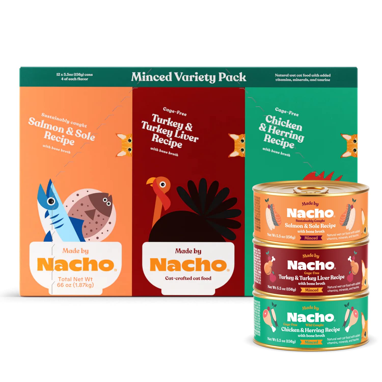 Made by Nacho Premium Minced Wet Canned Cat Food with Hydrating Bone Broth 5.5oz (12 Packs) (Variety Pack (Turkey & Turkey Liver, Chicken & Herring, and Salmon & Sole))
