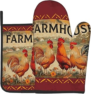 Farmhouse Rooster Oven Mitts and Pot Holder Set of 2 Vintage Chicken with Floral Kitchen Gloves Potholders Heat-Resistant Rustic Oven Gloves Hot Pads for Cooking Baking Grilling