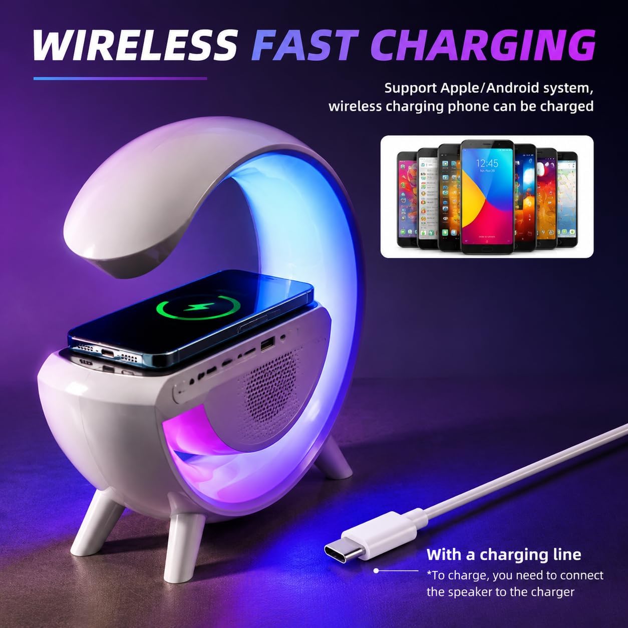 Wireless Charging Lamp with Bluetooth Speaker, Alarm Clock & RGB Light