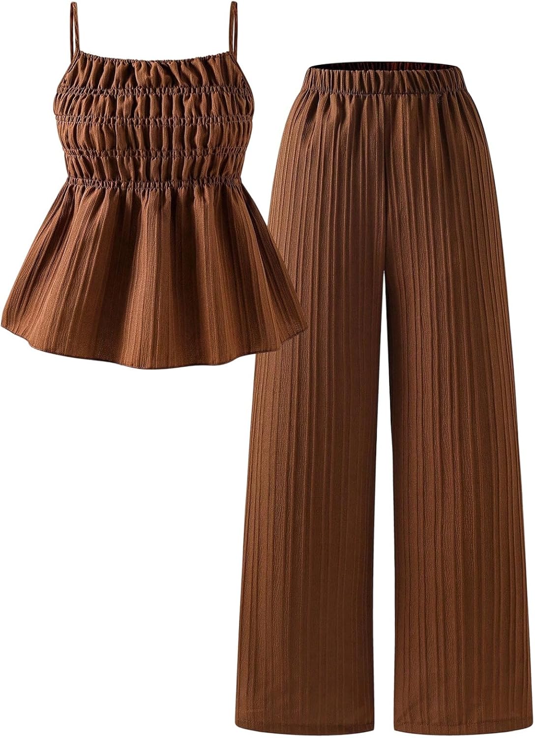 MakeMeChic Teen Girl's 2 Piece Cute Summer Set Ruffle Peplum Babydoll Top Wide Leg Pants Set