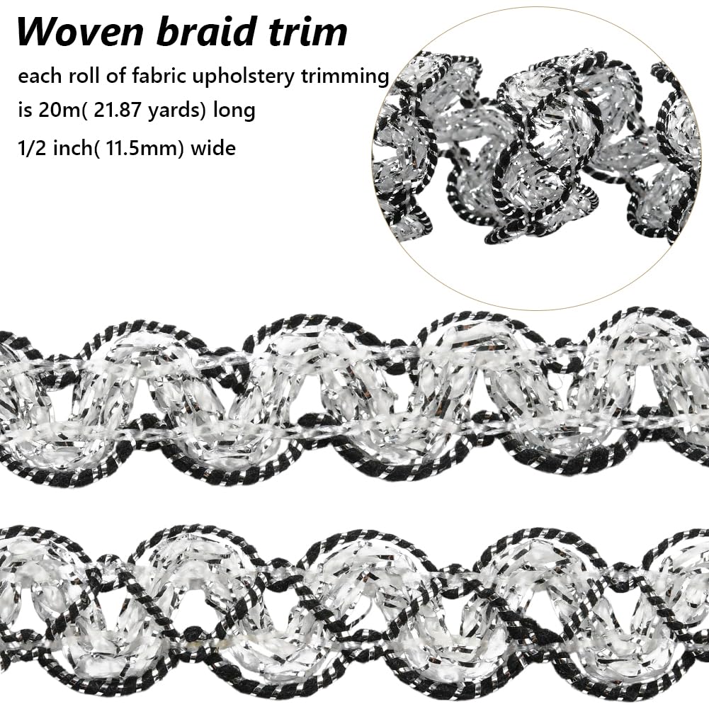 20M 12mm Nero Argento Nastro di Rifinitura Intrecciato Tessuto Decorativo Metallico Tappezzeria Passamanerie Intrecciato In Poliestere Pizzo per Gioielli Creazione Cucito Tende Borse Artigia