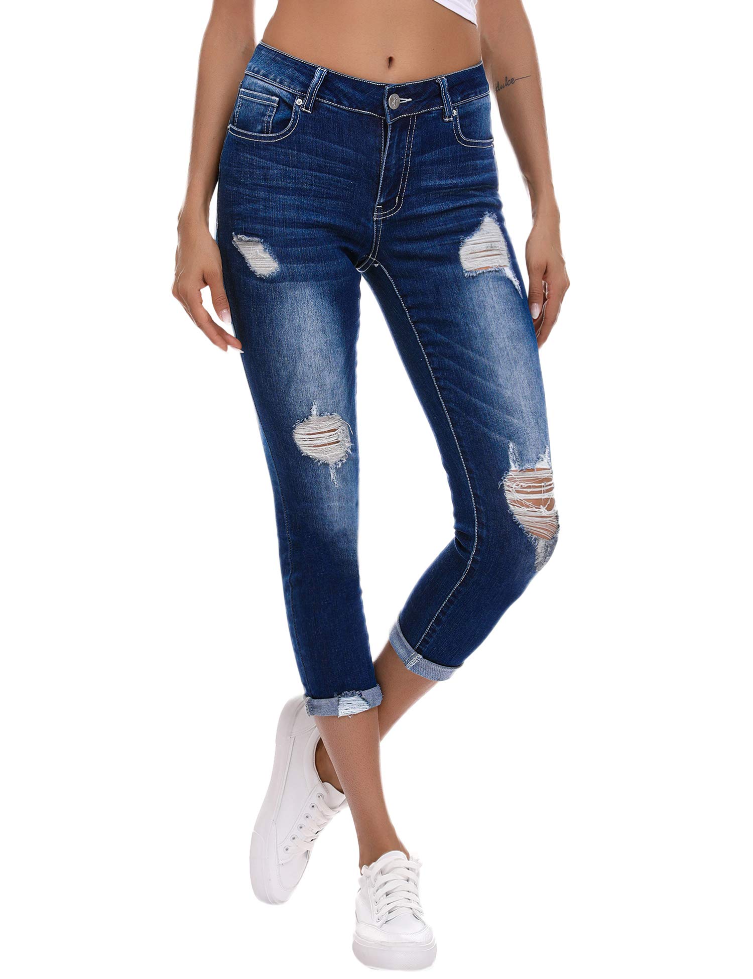Resfeber Women's Ripped Boyfriend Jeans Stretch Distressed Jeans Capri Mom Jean with Hole