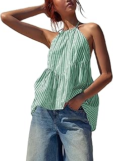 Y2K - Camiseta de verano para mujer, espalda descubierta, con estampado de rayas, patchwork, camisola con cordón, ajustable, camiseta de verano para playa, tallas grandes, top de espagueti