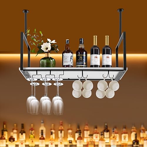 Miniatura 9 de Fetcoi Estante rústico para copas de vino, 31.5 pulgadas, soporte de metal para copas de vino, soporte para tazas y estante, barra de techo de metal