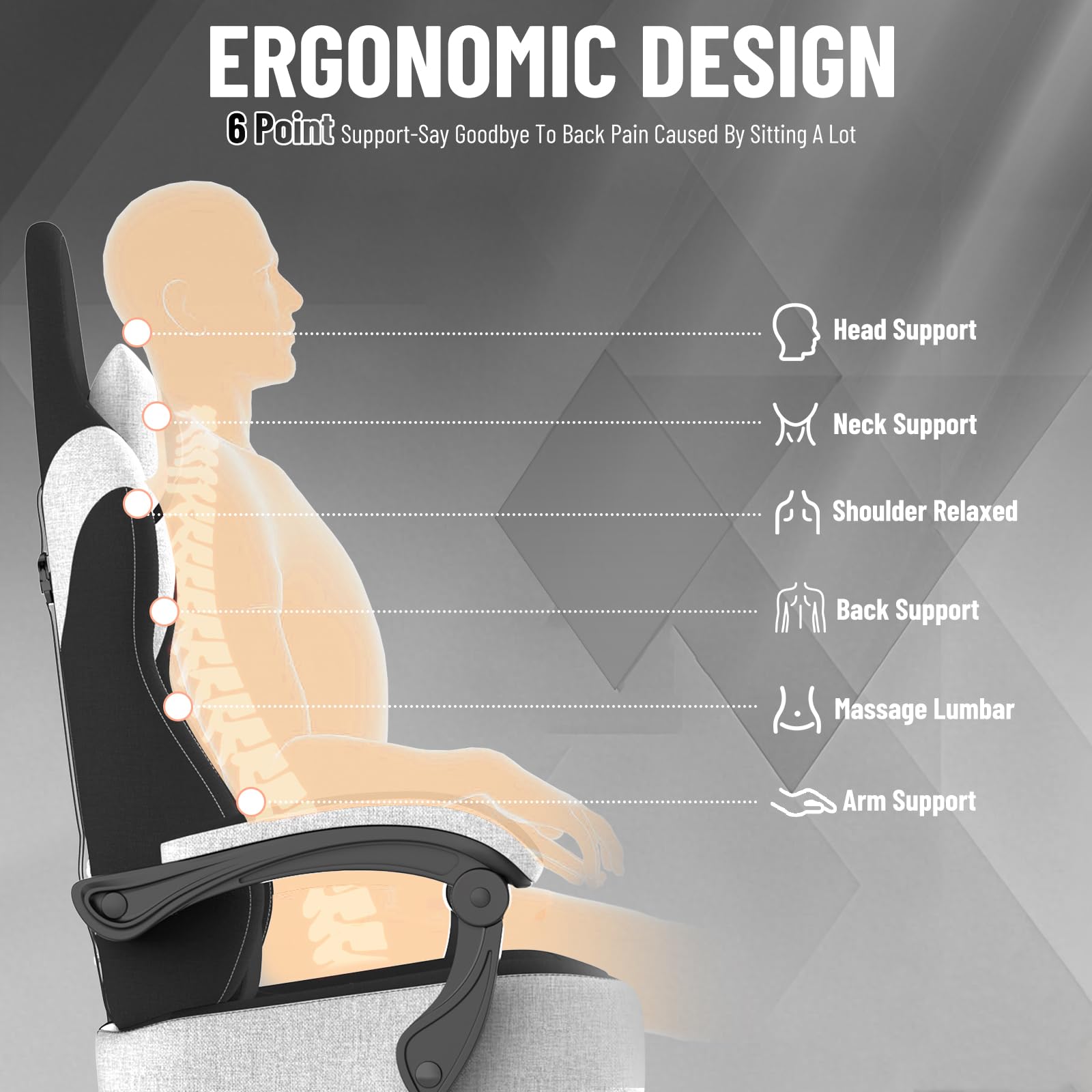 Ferghana Chaise Gaming Ergonomique，Chaise Bureau Gamer，Fauteuil Gamer avec Massage Lombaire,Respirant Tissu,Dossier Inclinable,Repose-Pieds,Hauteur Réglable,Fauteuil de Bureau-Adulte/Enfant，Noir