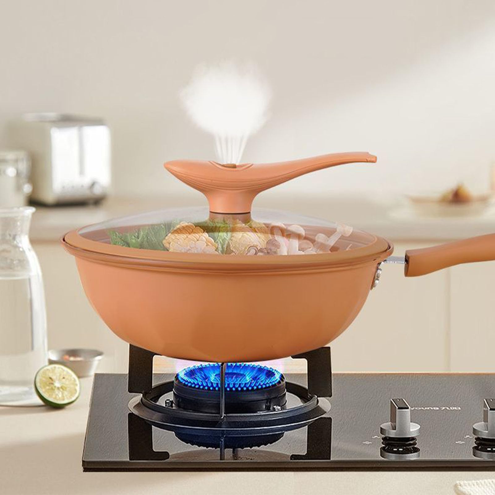 Wok in ferro da 32 cm con coperchio, pentola antiaderente in argilla, wok in ferro sano, pentola per cottura a vapore e cottura, con cestello per cottura a vapore, padella antiaderente per friggere e