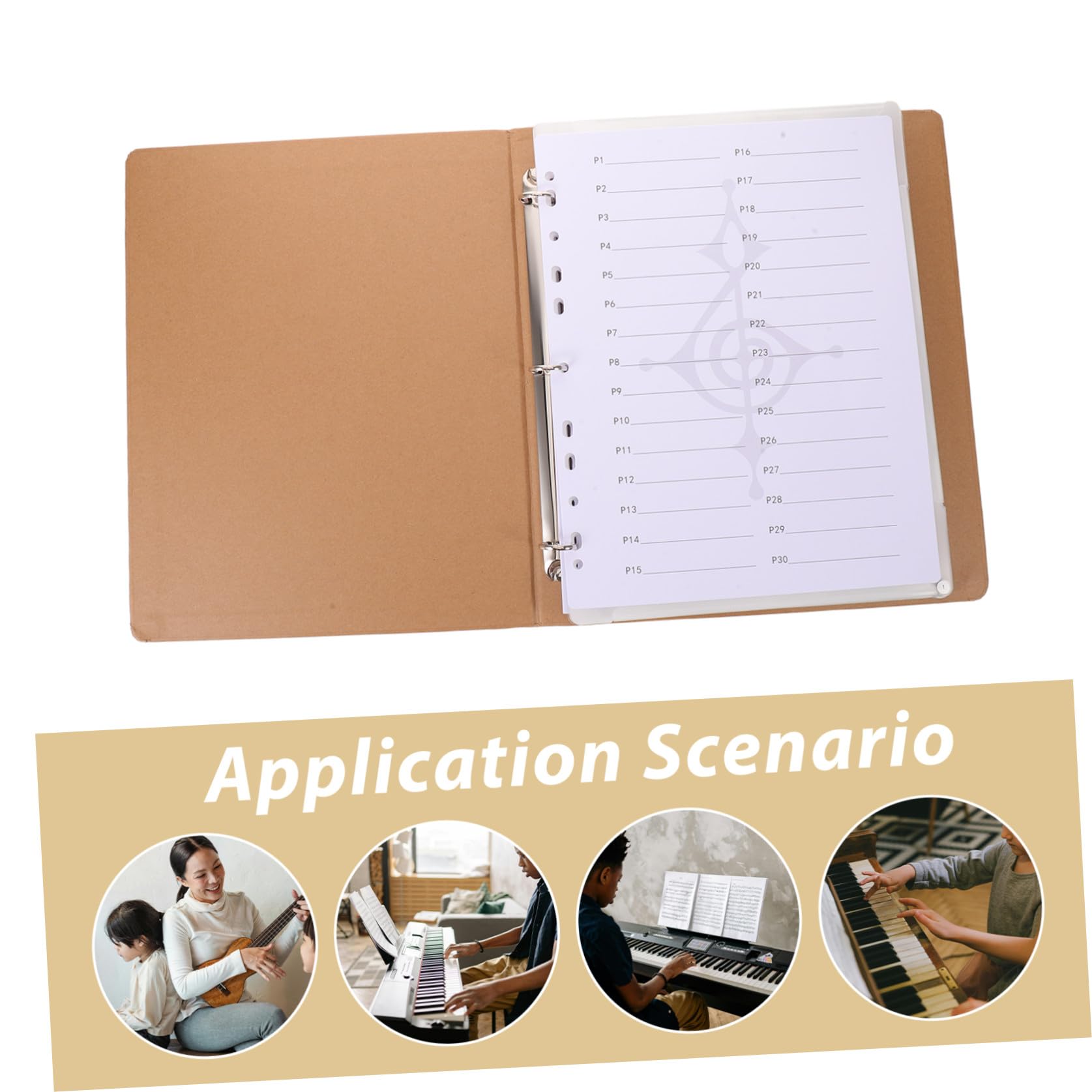 Alasum Carpeta de Partituras de Música de Papel Kraft 9 Agujeros, Soporte para Partituras de Guitarra y Piano, Incluye 20 Hojas Numeradas para Organización en Conciertos y Ensayos