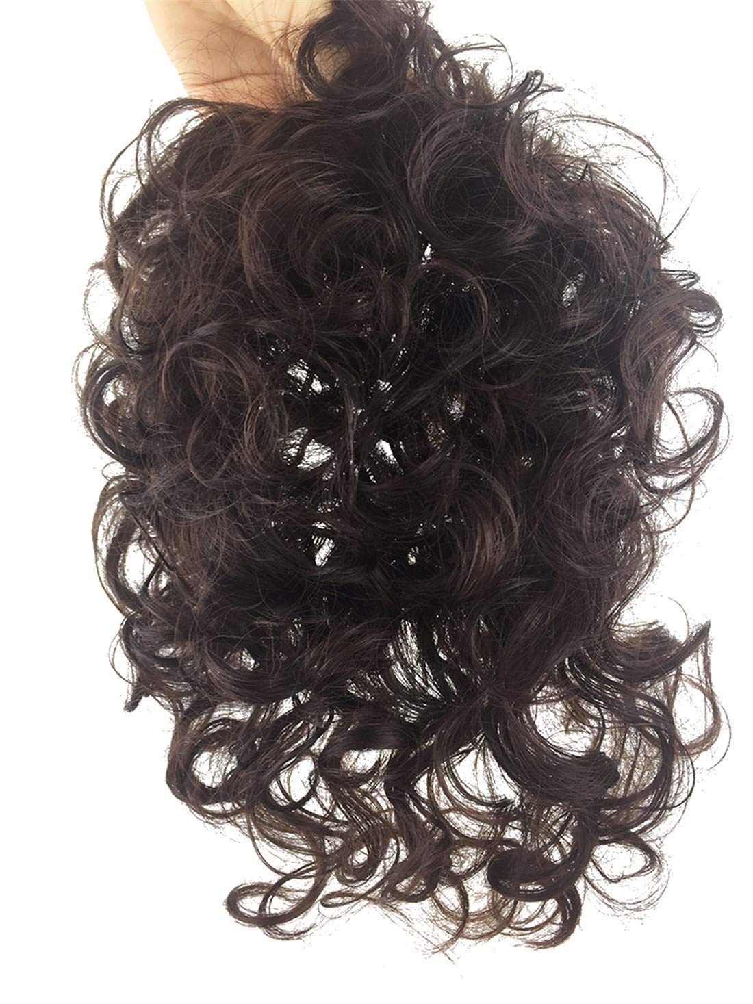 Clip en cabello humano real rizado Topper Hairpiece con flequillo para mujeres con pelo adelgazante, negro