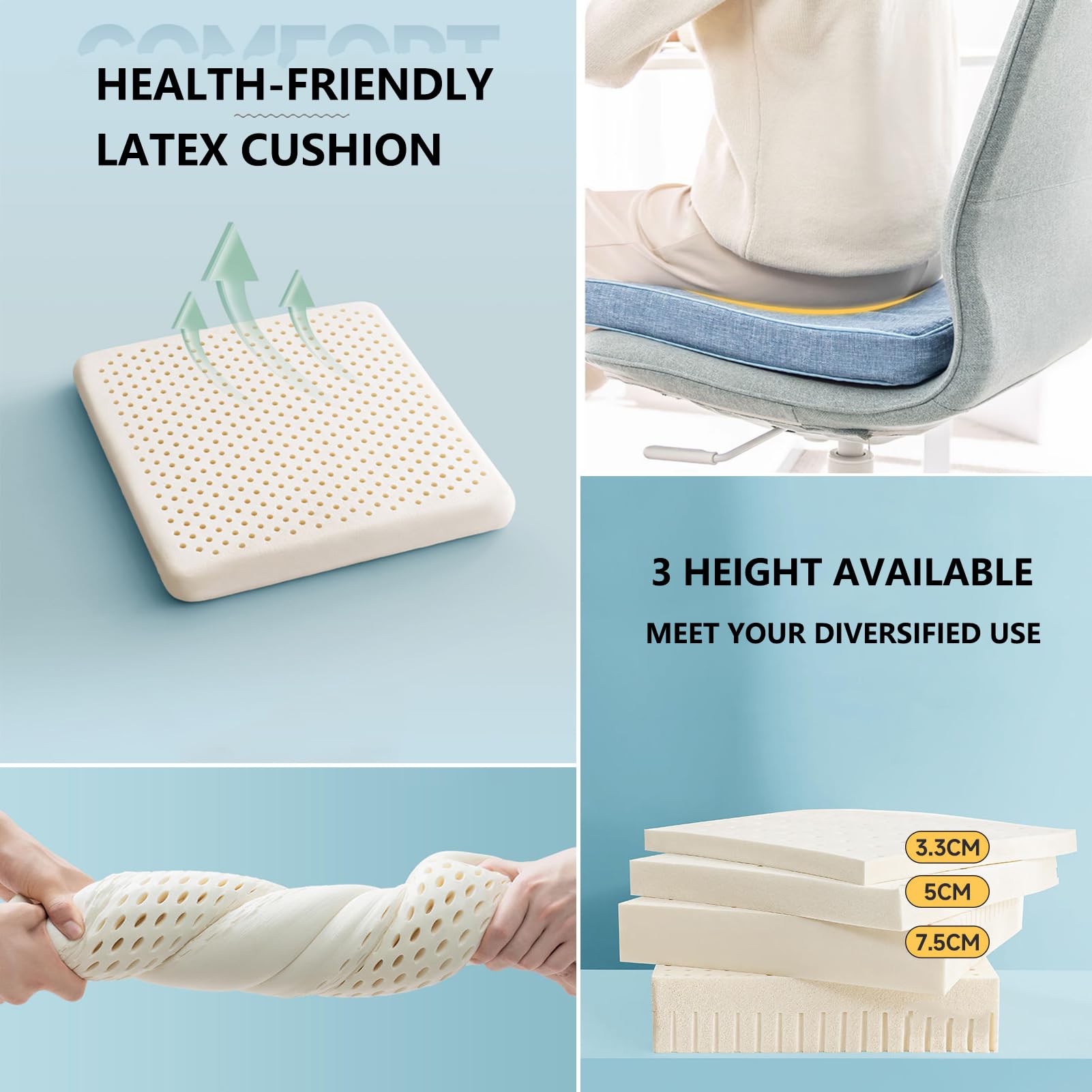Cojín de gel para el dolor de cadera, antideformación, de látex, acolchado para silla de ordenador, asiento de coche, silla de ruedas, tatami, todas las estaciones, cojín de silla 100% látex