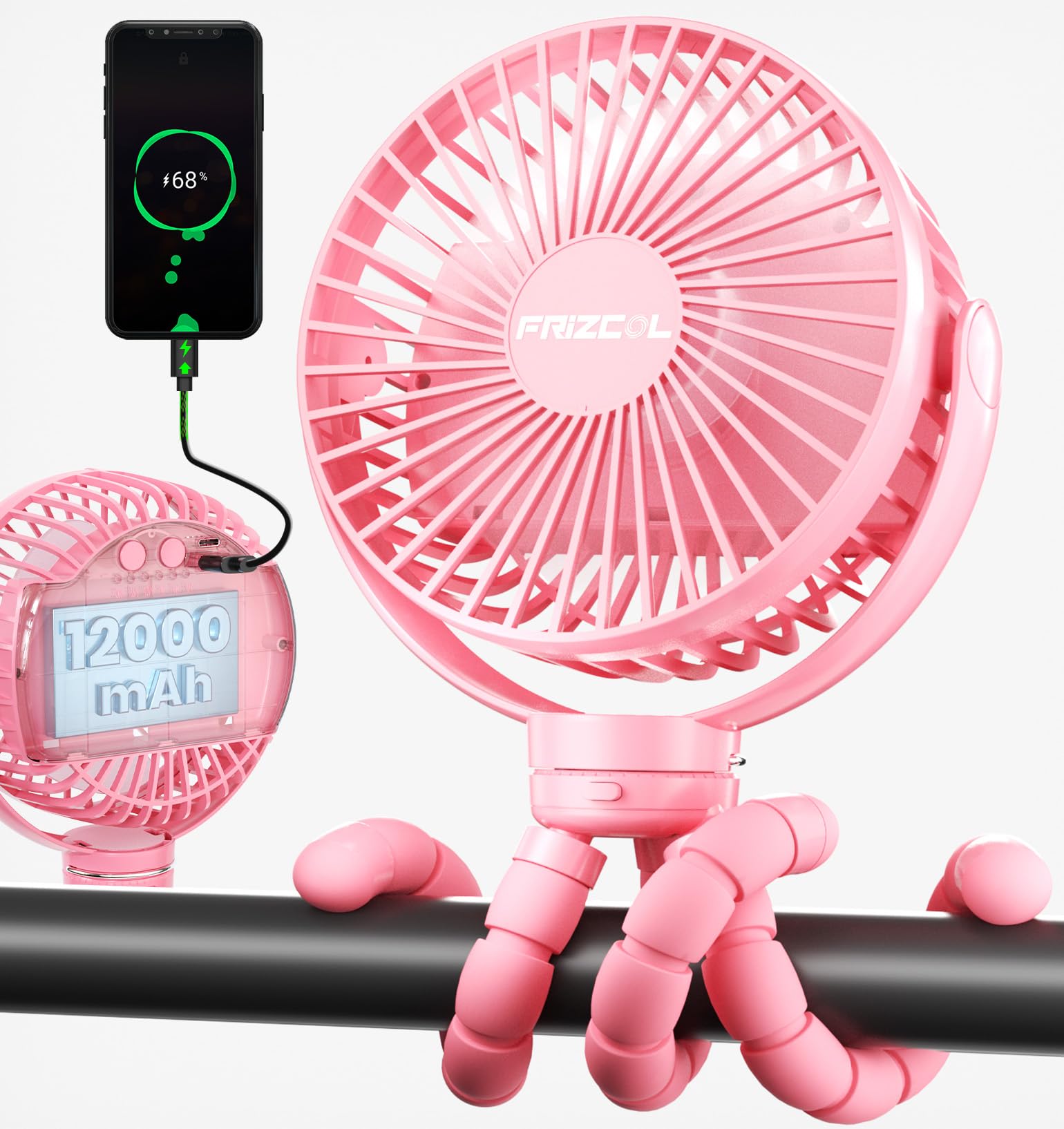 FRIZCOL 12000mAh Portable Stroller Fan, Use As Power Bank, 65H Battery Operated Fan Flexible Tripod Clip On Fans, Detachable Personal Handheld Baby Fans for Stroller, Car seat, Desk, Treadmill（Pink）