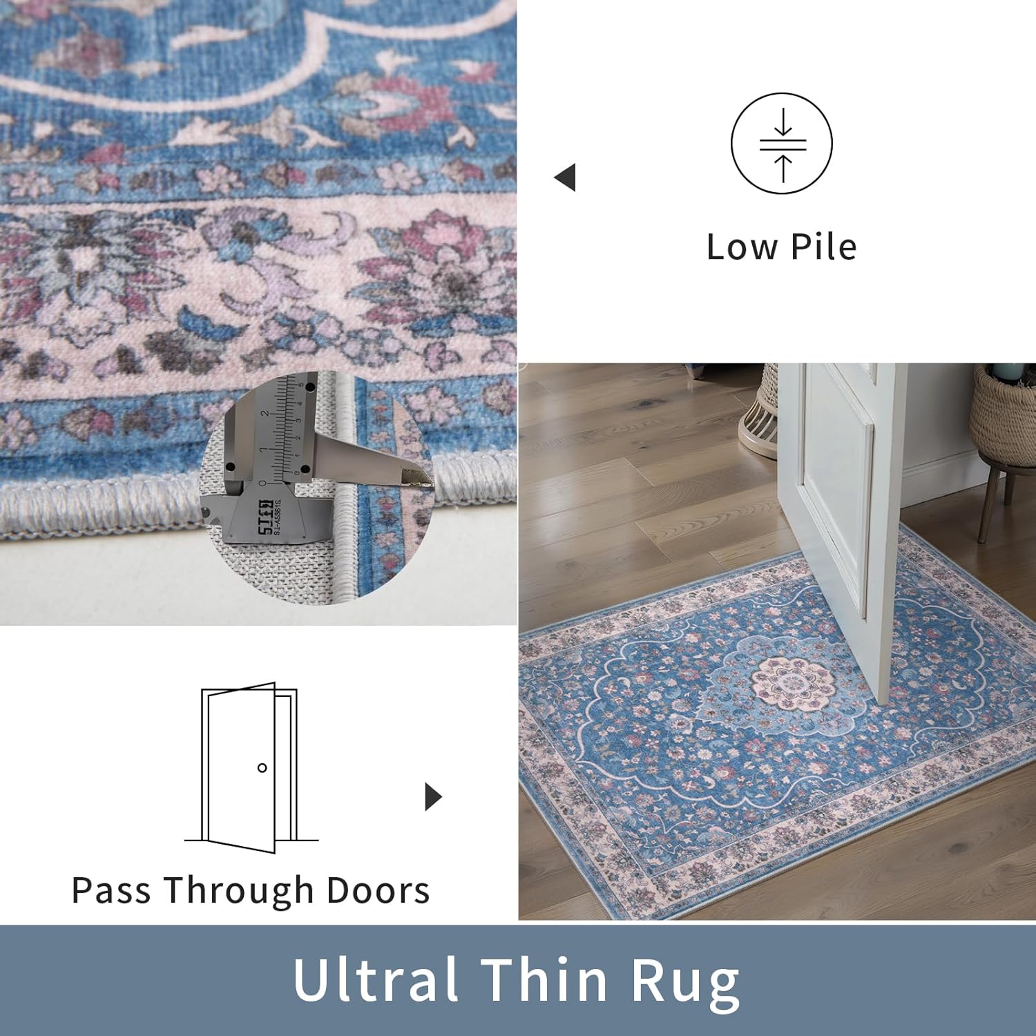 Tangsoo 2.6x8 Runner Rug for Hallways,Washable Non Slip Vintage Kitchen Runner Rug,Boho Blue Beige Soft Floral Print Distressed Low Pile Floor Carpet for Bedroom Bathroom Laundry Room Entryway