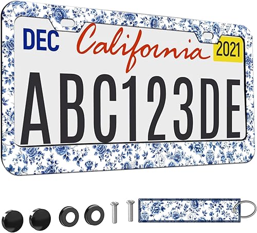 Miniatura 34 de 2 piezas Marco de matrícula azul con diseño de bosque montañoso para mujeres, marcos de etiqueta decorativa de coche azul montañoso para chicas,