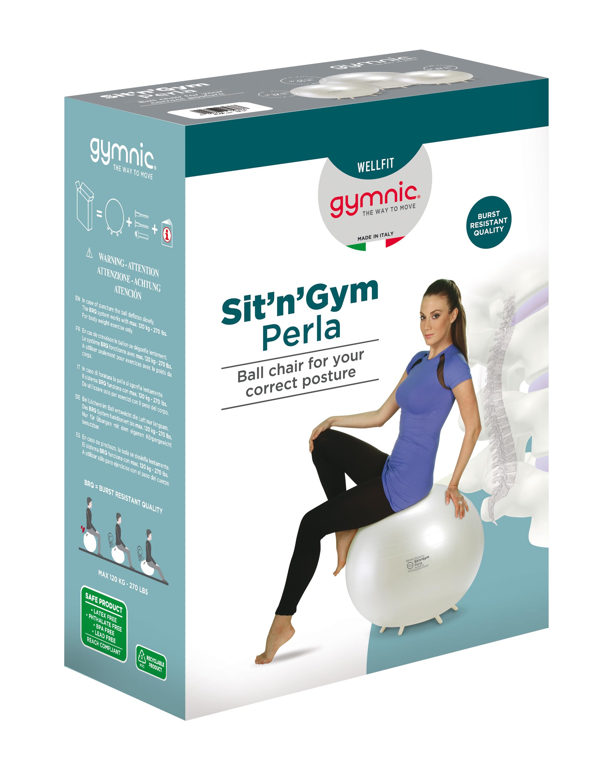 GYMNIC Sit'n'Gym Perla Ballon d'assise Gonflable Ø 55 cm avec Pieds antidérapants, Couleur Blanc Perle, siège Ergonomique Anti-éclatement