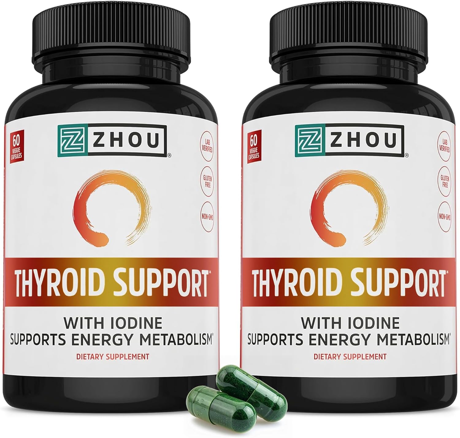 ZHOU Thyroid Support - Thyroid Supplement for Women & Men with Zinc, Iodine, & Selenium, Cellular Energy Thyroid Complex with Ashwagandha, Kelp - 60 Veggie Capsules (Pack of 2)