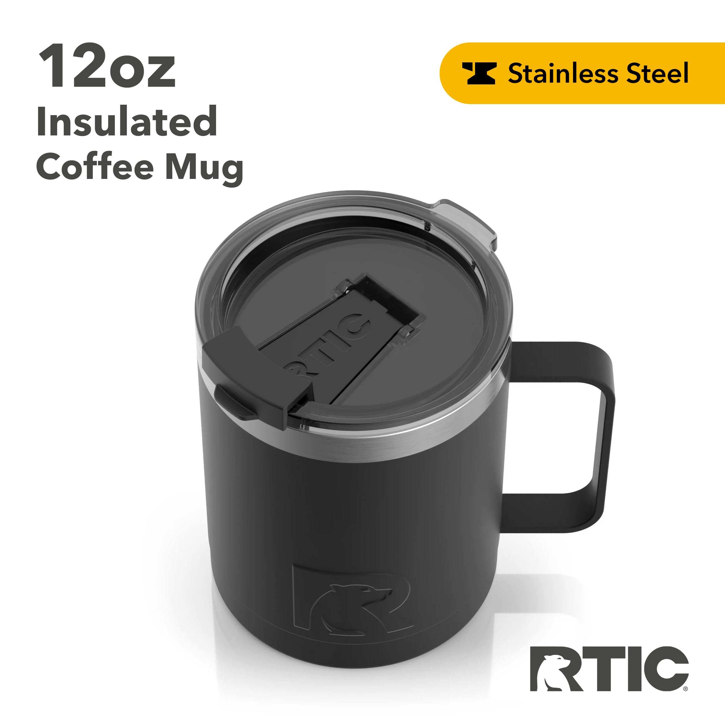 Amazon.com: RTIC Coffee Mug with Handle, 12oz, Black, Portable Travel  Thermal Camping Cup, Vacuum-Insulated with Lid, Stainless Steel, Sweat  Proof, Keeps Hot & Cold Longer : Home & Kitchen