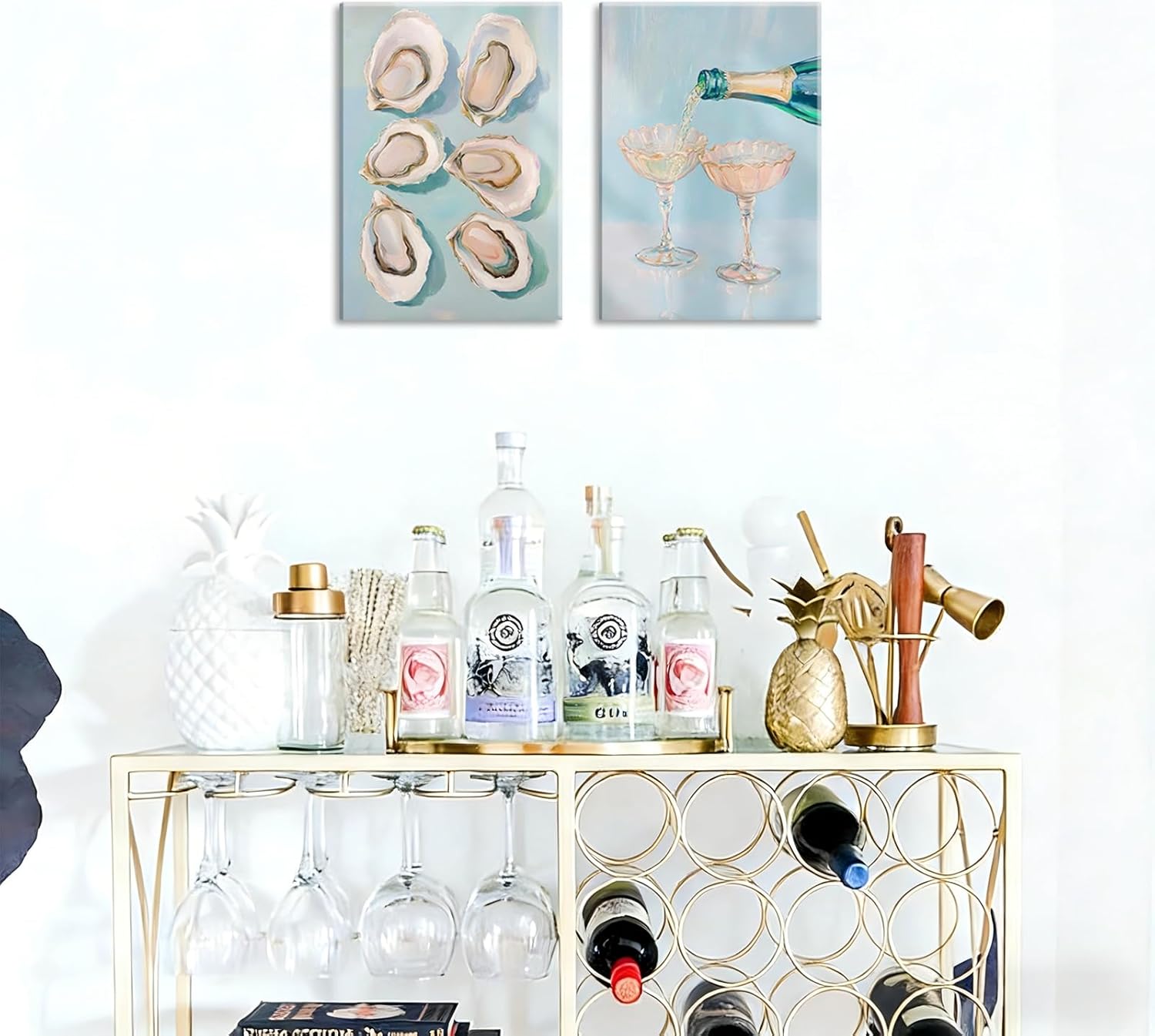 2Pcs Oyster Shell Canvas Wall Art Funky Bar Cart Cocktail Wall Decor Pictures Pastel Blue Wine Champagne Posters Print Girly Coastal Aesthetic Beach House Apartments Decoration 12x16in