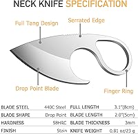 Vista 2 de Cuchillo pequeño EDC para el cuello con funda y collar, mini cuchillos tácticos de hoja fija de espiga completa, lindo cuchillo de bolsillo perfecto