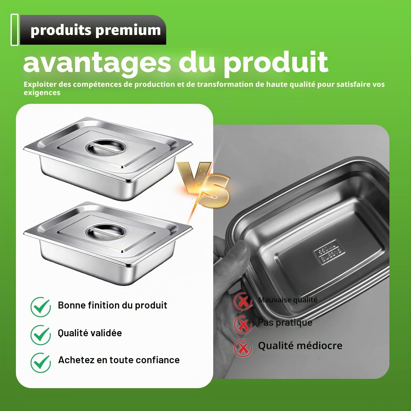 Lot de 3 bols à panure rectangulaires, en acier inoxydable, avec couvercle, 32,5 x 26,5 x 6,5 cm, pour côtelettes, viande, poisson