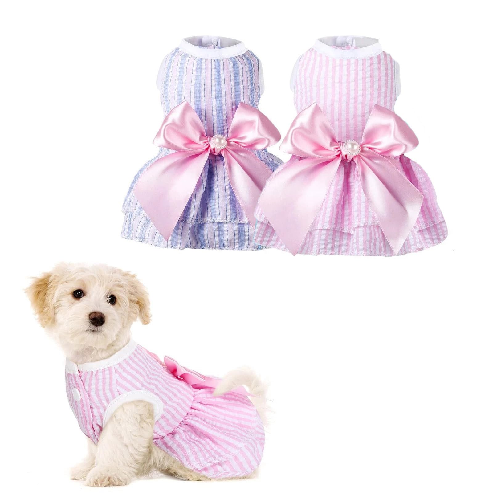Ling & Bai 2Pcs Cute Dog Dresses Cats Princess Dress Dogs Summer Outfits with Bowknot Apparel Pet Clothes for Puppy Kitten (Pink & Purple