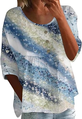 Linen Shirts for Women Button 3/4 Sleeve Boho Tops Loose Crew Neck Summer Cotton Blouses 1/2 Sleeve Floral Print Tops