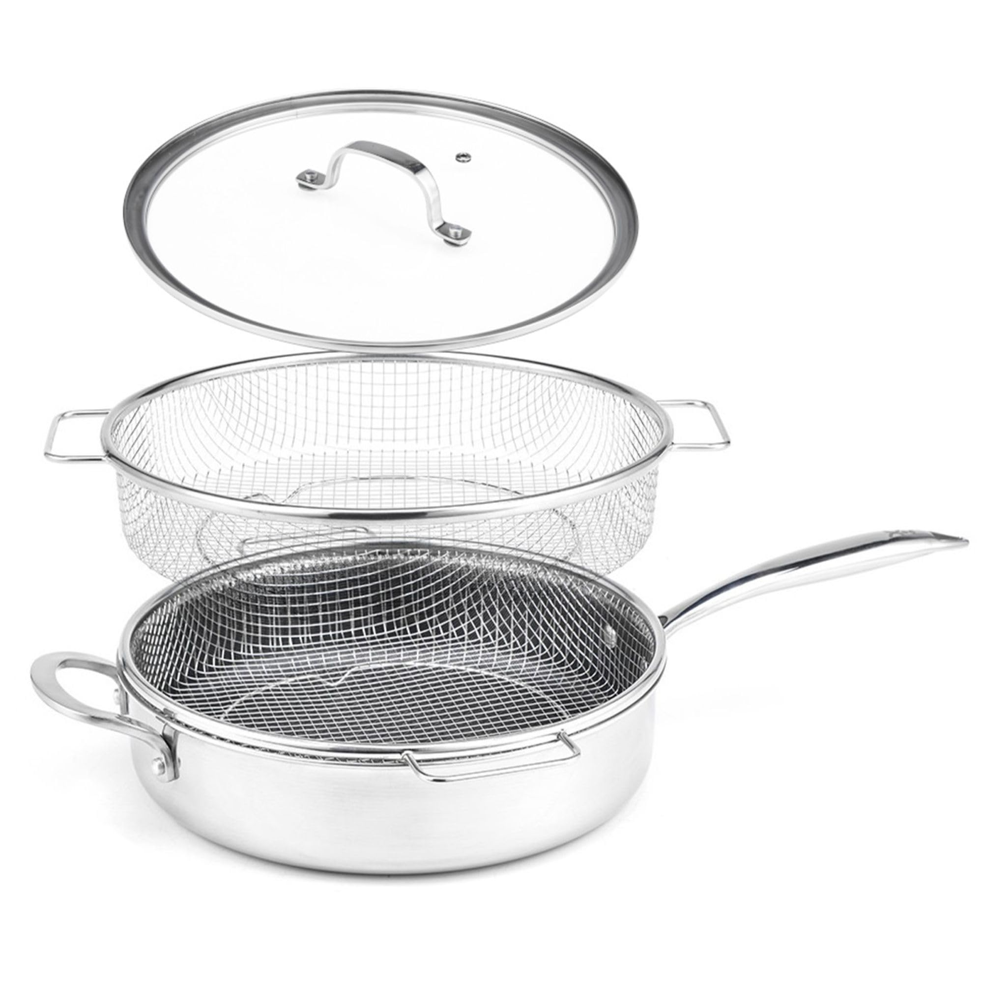 LIVINGTON Titan Pan - Große Pfanne mit Deckel 28 cm - hohe Servierpfanne - Hochrandpfanne mit Diamantpartikel - edelstahl - große Schmorpfanne inkl. Frittierkorb