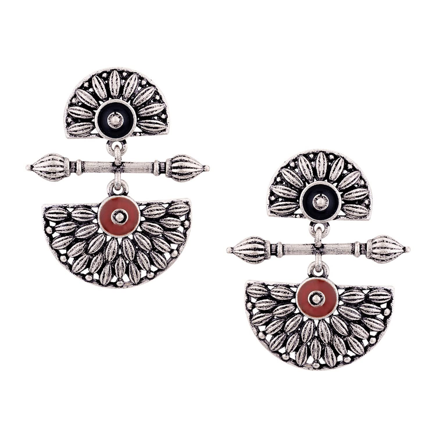 VOYLLAWomen's Brass Silver Oxidised Mandala Design Lightly Embellished Drop Earrings(Free Size)(Multi-Colour)