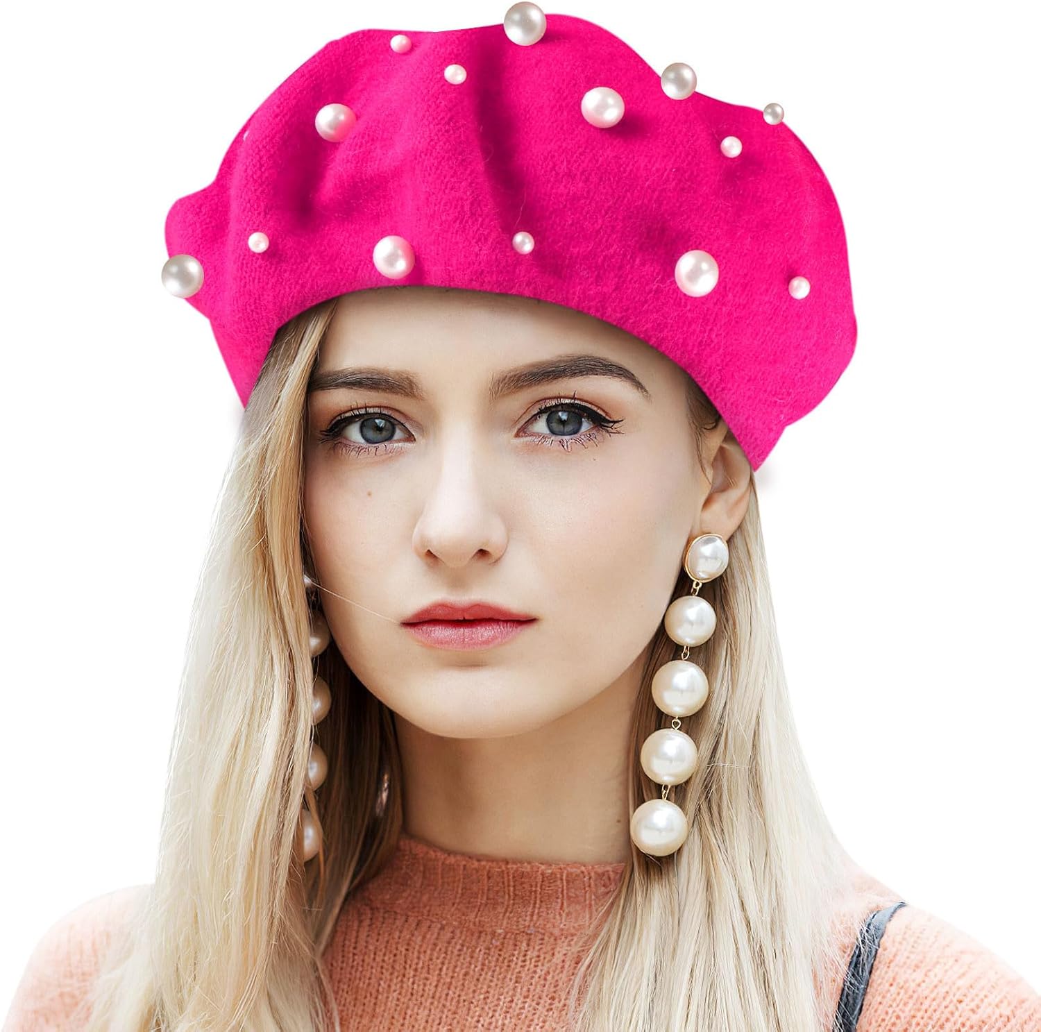 Women's Pearl Beret for Autumn Winter, Beaded Rivet Wool Hat image 4