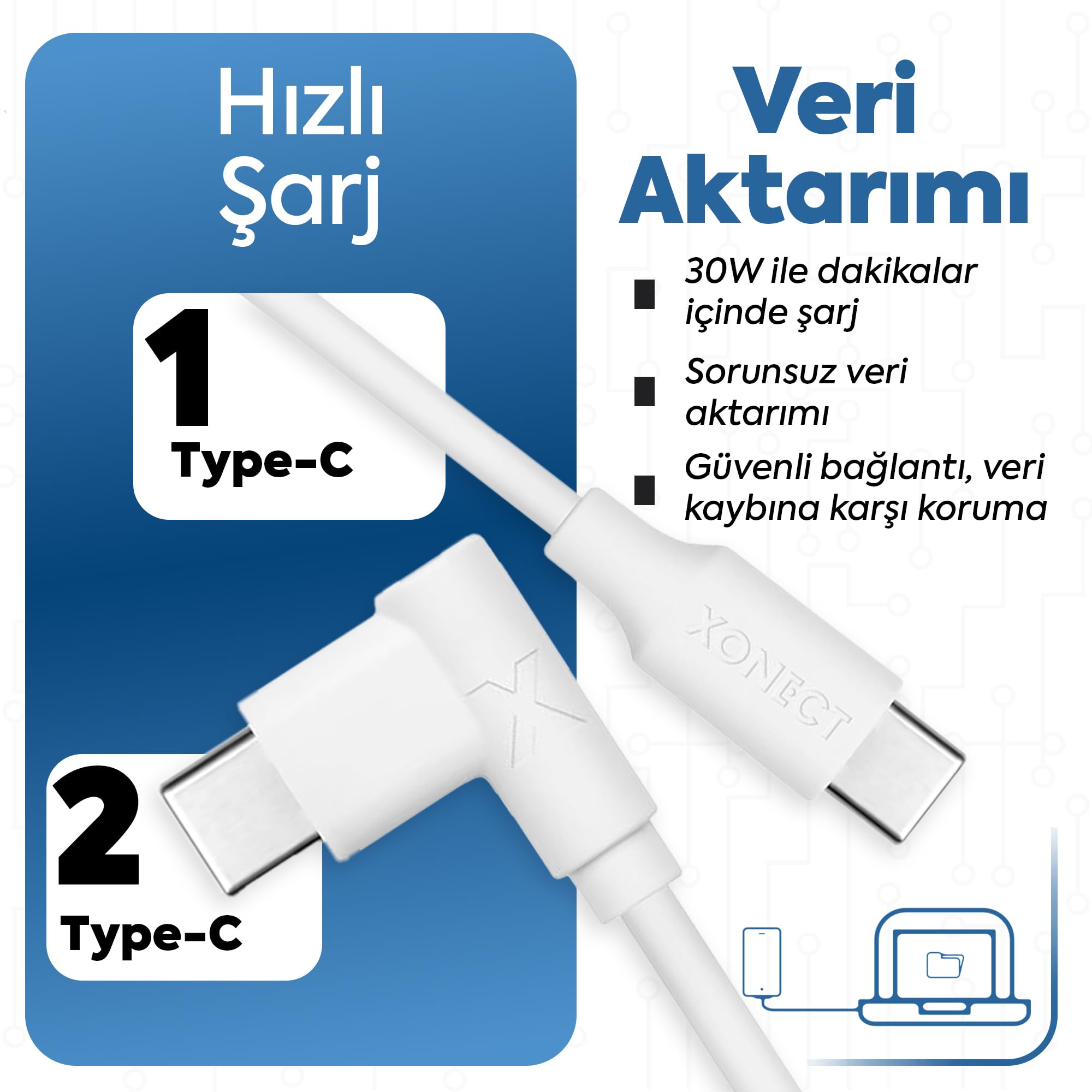 XONECT Type-C to Type-C ile Uyumlu iPhone ve Samsung ile Uyumlu Hızlı Şarj ve Data Kablosu 100 cm L Tipi Gaming Hasır Örgülü (Siyah)