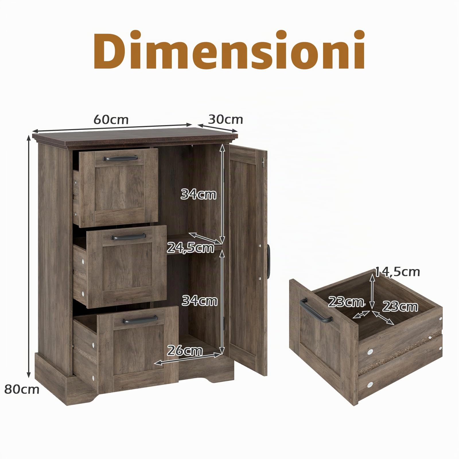 KOMFOTTEU Credenza Cucina con 3 Cassetti e Armadio con Ante, Mobile Cucina Dispensa con Kit Antiribaltamento, Mobiletto Cucina, per Soggiorno, Sala da Pranzo, 60 x 30 x 80 cm (Grigio Scuro)