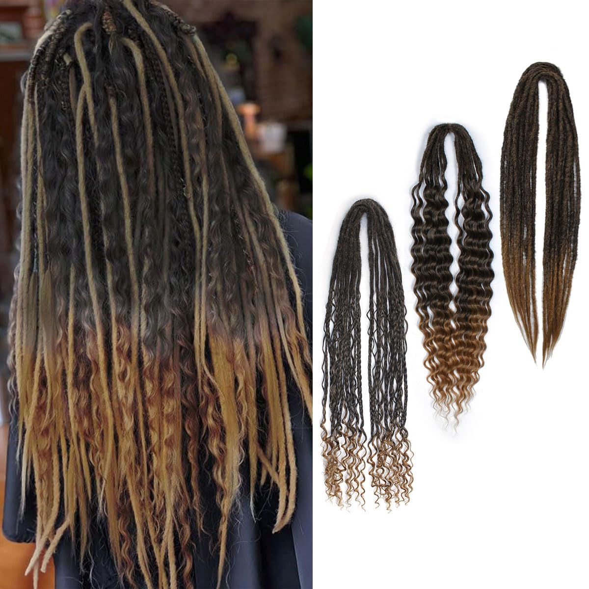 Lounoke 24 Inch Double Ended Dreadlock Extensions Sets, 20 Strands 3 In 1 Mixed Synthetic Dreads Extensions, Ombre Brown Straight&Curly&Boho Handmade