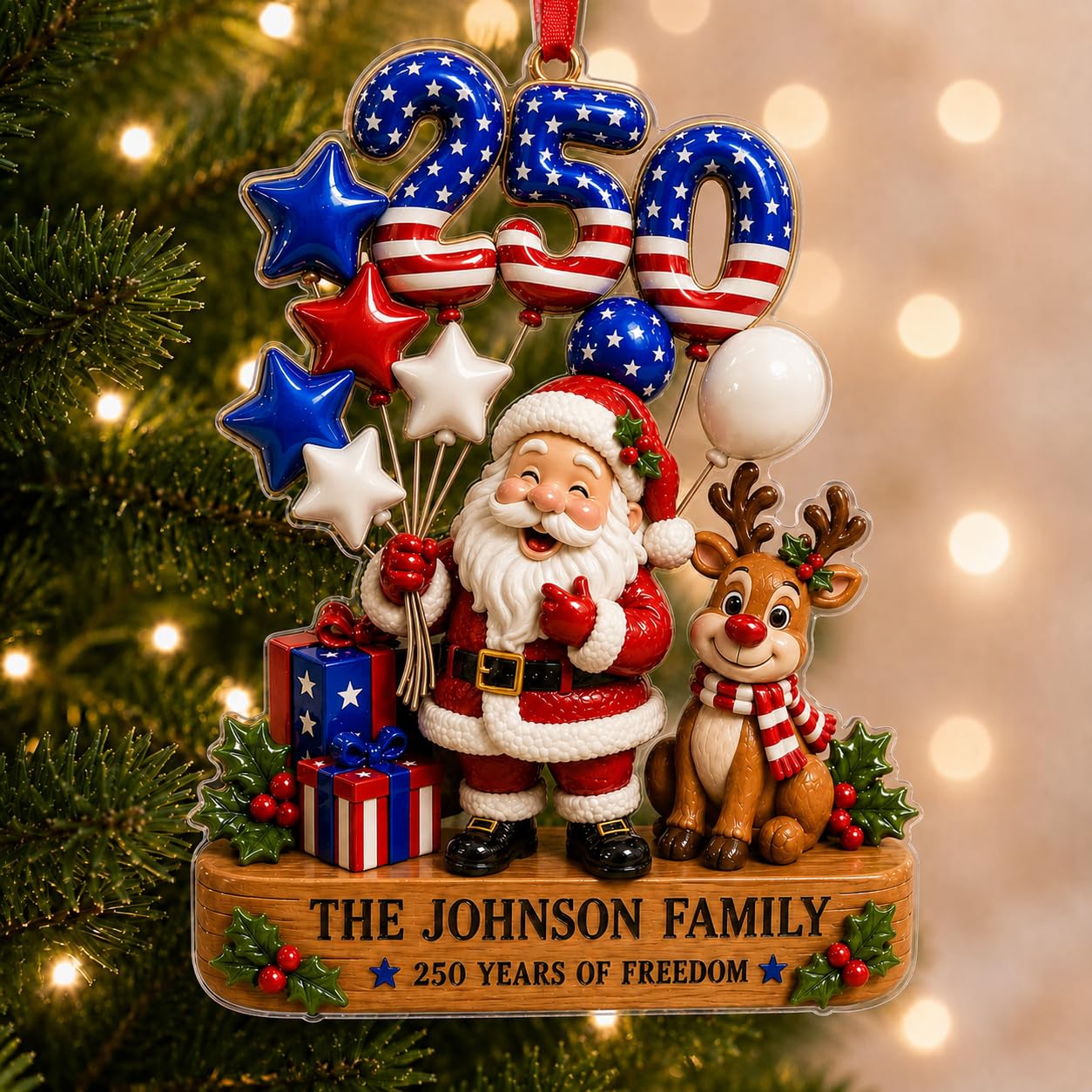 [Made in USA] Personalized 250th Anniversary USA Flat Acrylic Christmas Ornament, Custom Family Name Santa and Reindeer Ornament, 250 Years of Freedom Patriotic Christmas Keepsake 2026