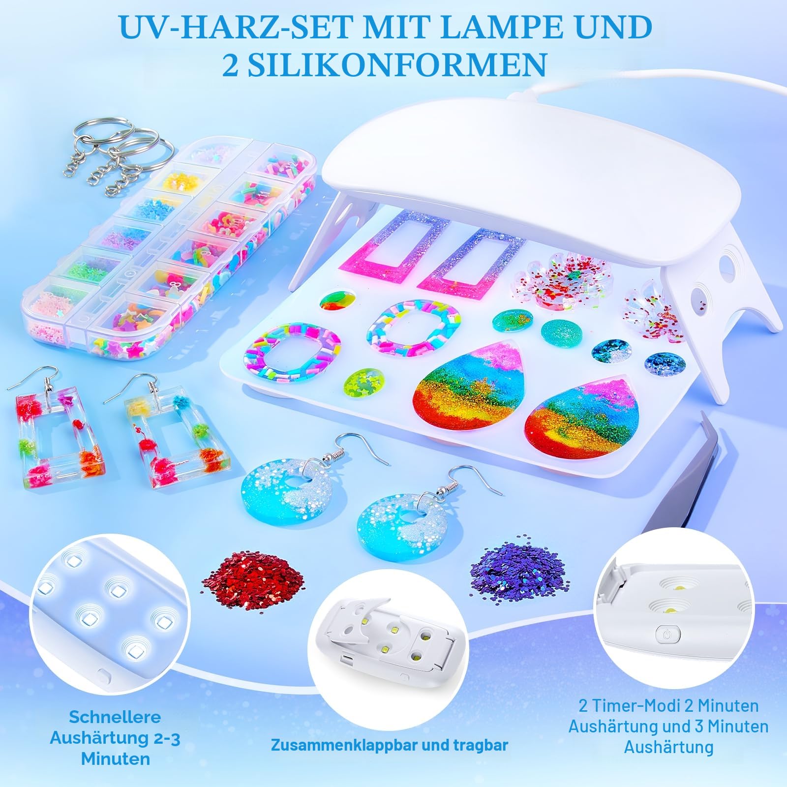UPDOKIT UV Harz Set mit UV Lampe und Formen, Schmuckherstellungsset mit 250 g kristallklarem UV-Harz, Komplettset für Anfänger & Profis,Ideal für DIY Schmuck und Schlüsselanhänger
