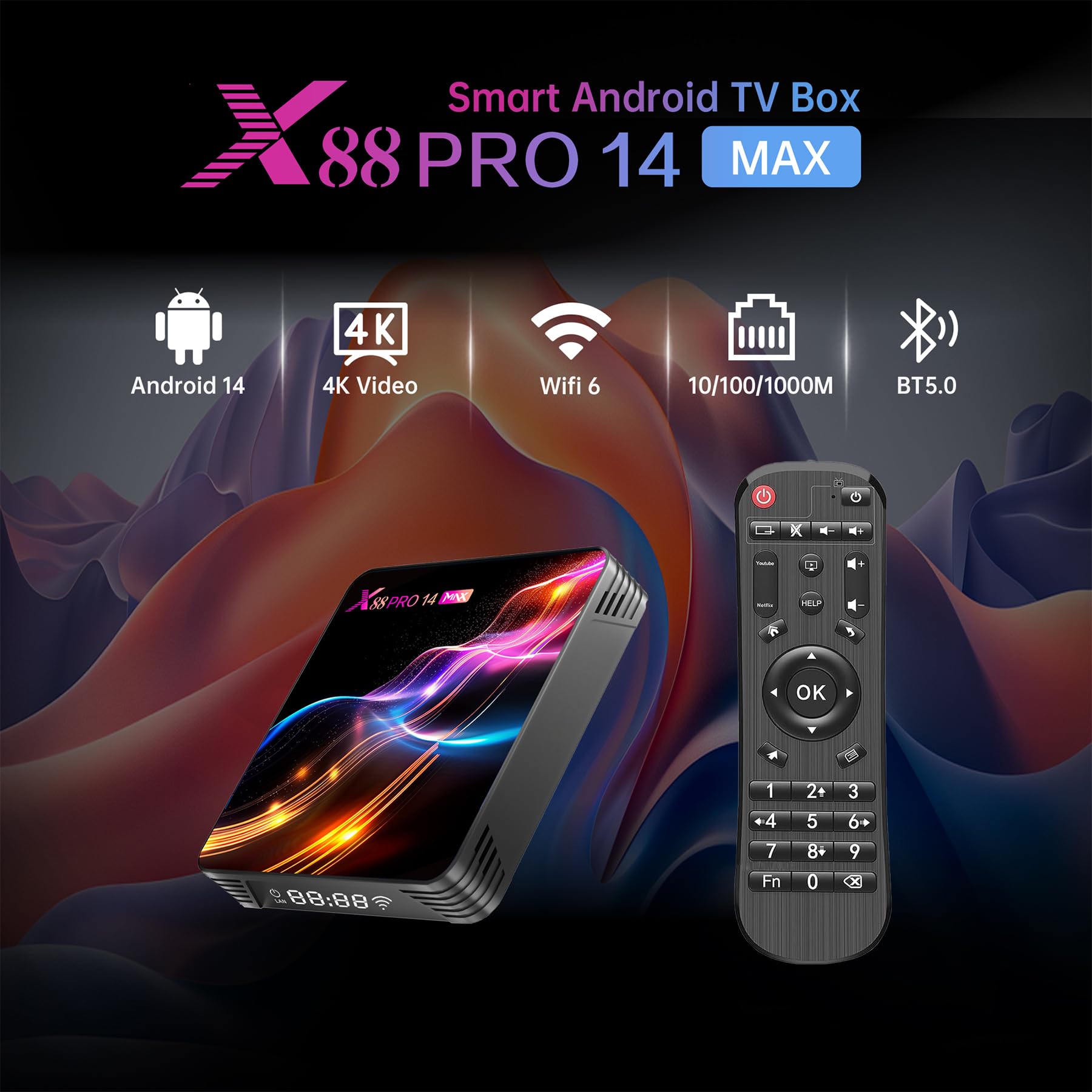 RUPA 8K Android TV Box 14.0, 2026 Ultimo TV Box Android RAM 4G ROM 64G Rockchip RK3528 WiFi6 Enternet 10/100M Bluetooth 5.0 HDR10 HDMI2.1 3D HD Smart TV Box Client di Streaming Multimediale PRO14 MAX