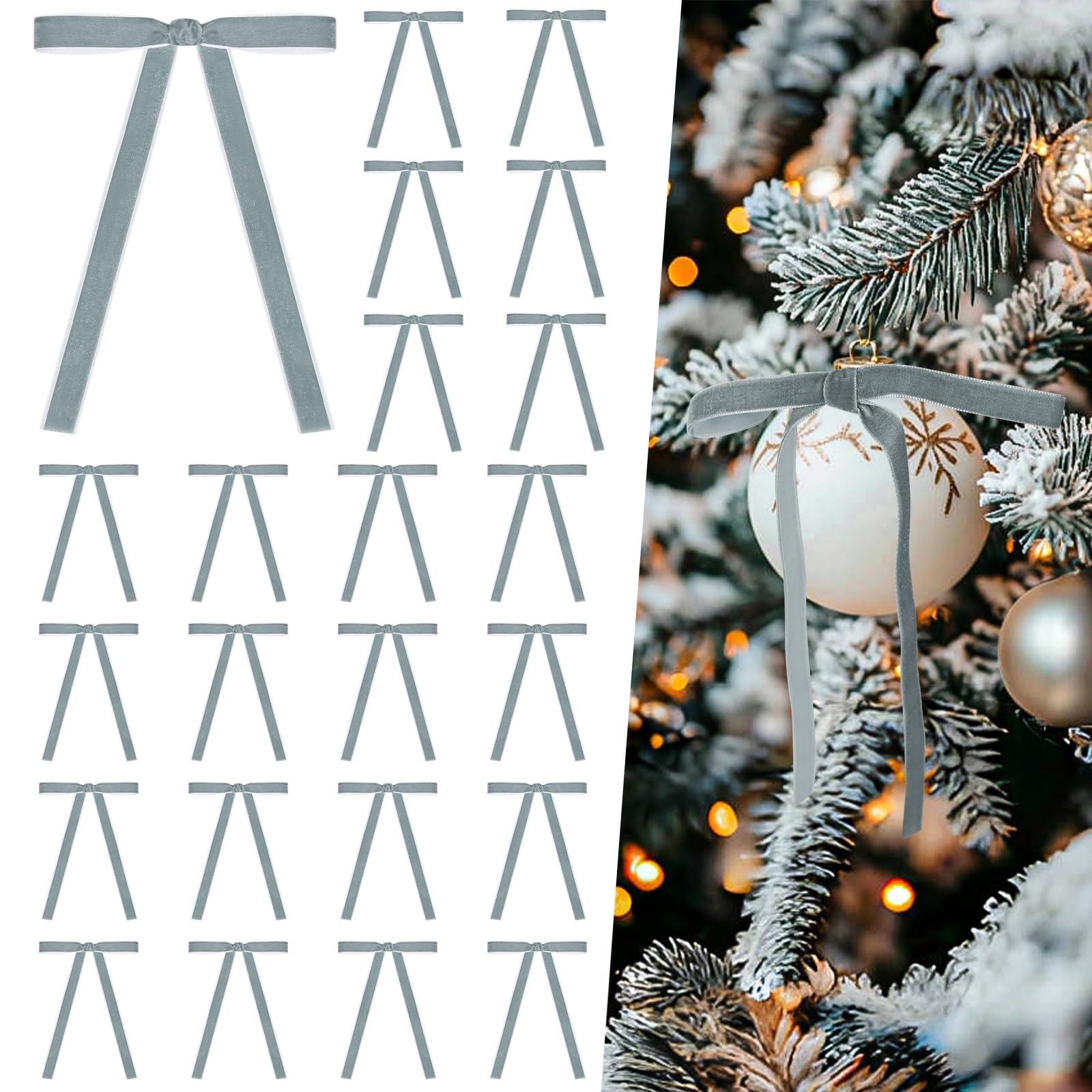 Miaikoe 24 Pcs Velvet Bows for Christmas Tree Rustic Velvet Christmas Ornaments Rustic Bows for Door Garland Wreath Gift Party Decoration (Width of 1cm,Grey)