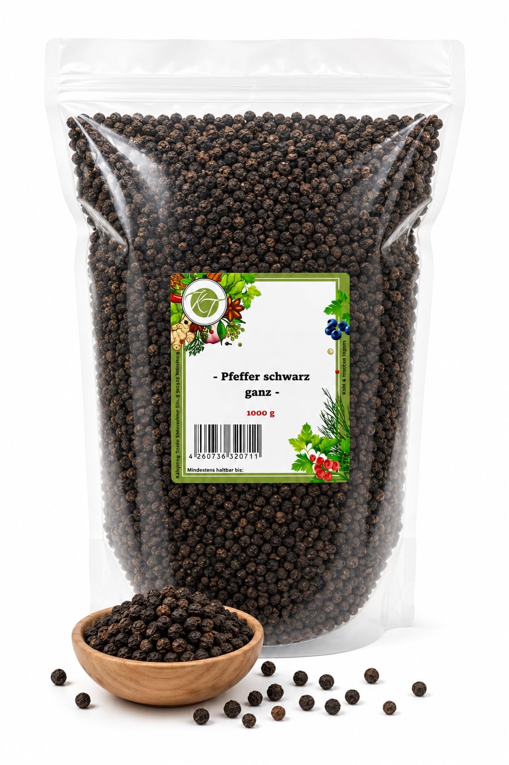 K T 1000 g / 1 Kg Pfeffer schwarz ganz schwarze Pfefferkörner ganz - Perfekt für Mühle & Mörser