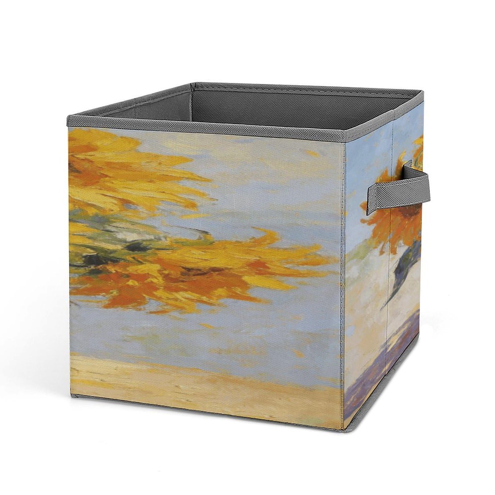 VstaDank Sunflower Oil Painting Storage Bin Collapsible Storage Cubes Organizer Oxford Cloth Storage Box with Dual Handles Large Stackable Closet Storage Bins for Sheets Hat Sweater